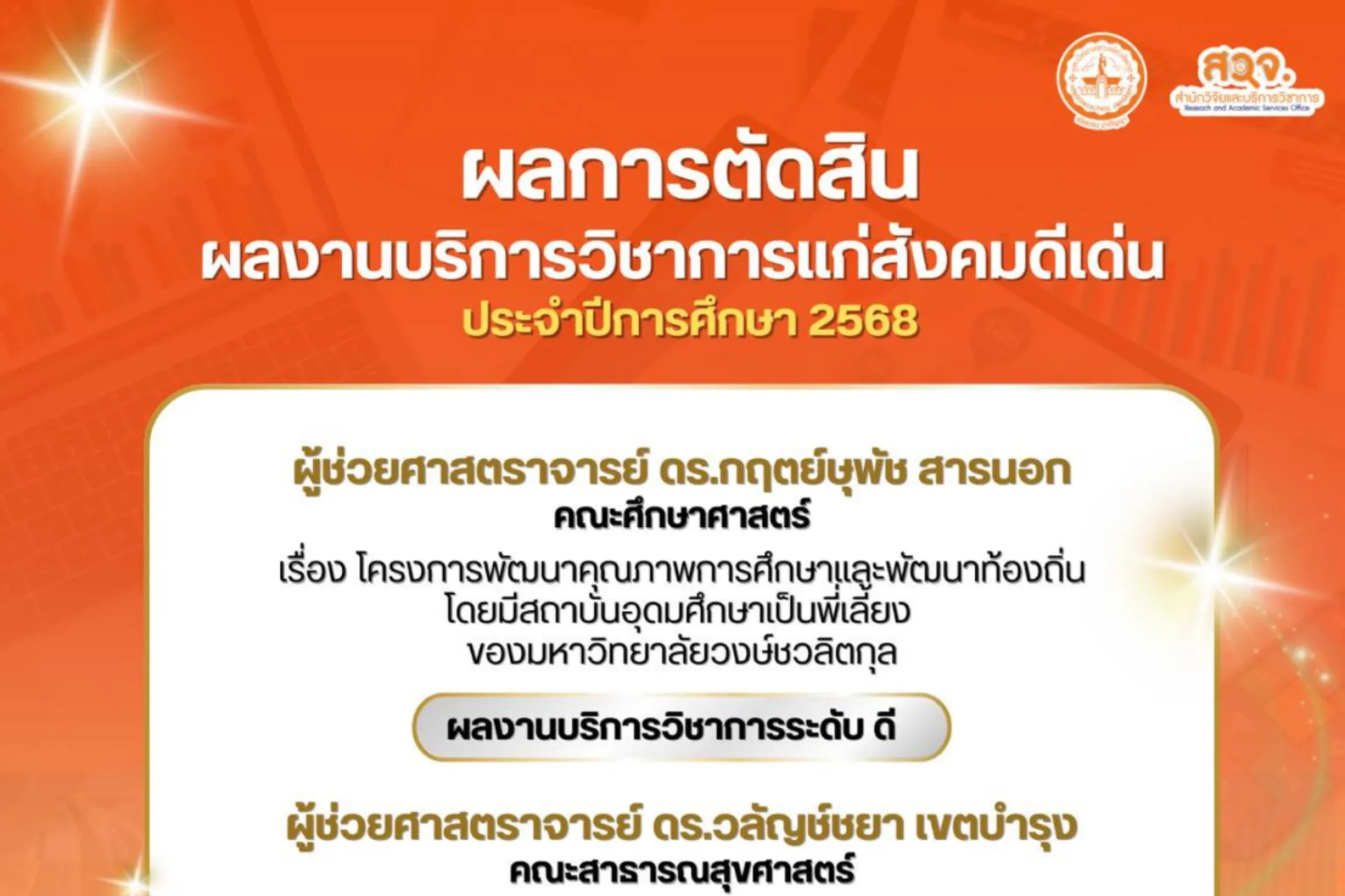 🌈  ผลการตัดสินผลงานบริการวิชาการแก่สังคมดีเด่น ประจำปีการศึกษา 2568 🥰