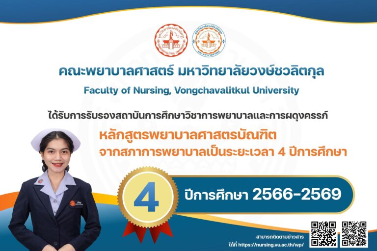 คณะพยาบาลศาสตร์ มหาวิทยาลัยวงษ์ชวลิตกุล ได้รับการรับรองสถาบันการศึกษาวิชาการพยาบาลและการผดุงครรภ์ จากสภาการพยาบาล เป็นระยะเวลา 4 ปีการศึกษา (ปีการศึกษา 2566 – 2569)