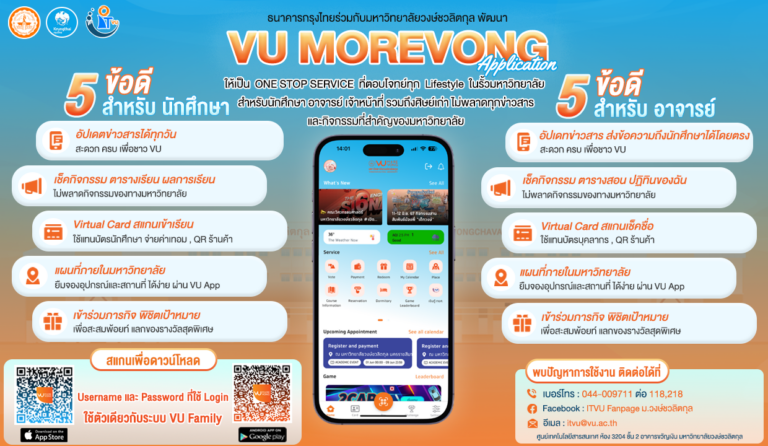 ประชาสัมพันธ์ ศูนย์เทคโนโลยีสารสนเทศ มหาวิทยาลัยวงษ์ชวลิตกุล ร่วมกับ ธนาคารกรุงไทย พัฒนาแอปพลิเคชัน VU MOREVONG ให้เป็น One stop service ที่ตอบโจทย์ทุก Lifestyle ในรั้วมหาวิทยาลัย